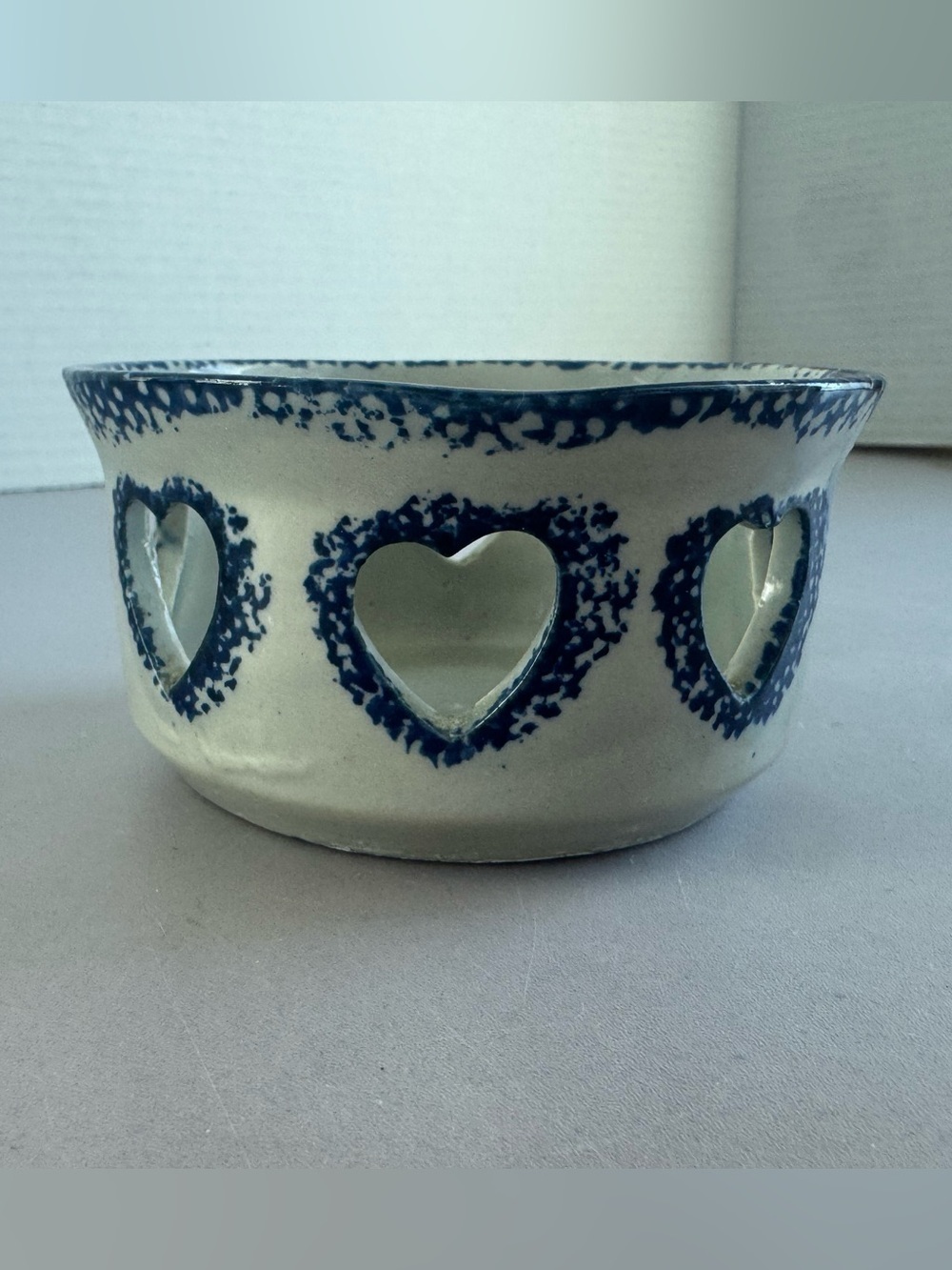 Handcrafted Ceramic Heart Cutout Bowl- Blue on Cream
